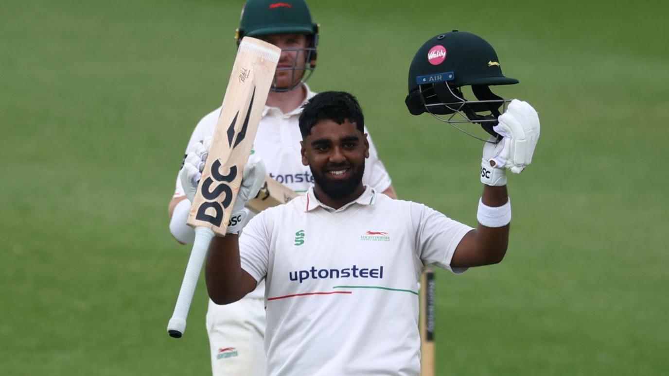 Leicestershire's Rehan Ahmed celebrates his century against Yorkshire