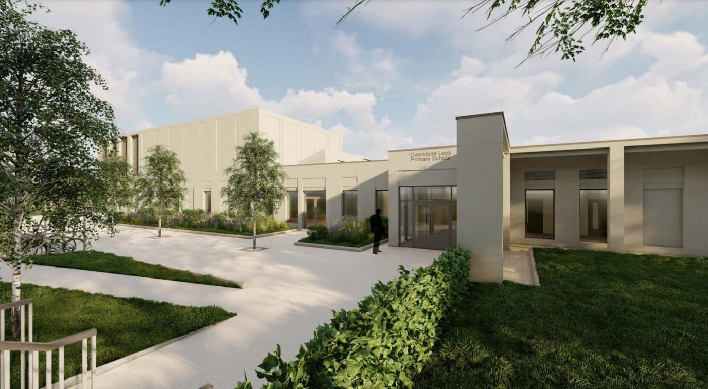 An artist's impression of the new school, with its name above the front door. The building is stone coloured with black framed windows and there's greenery outside.