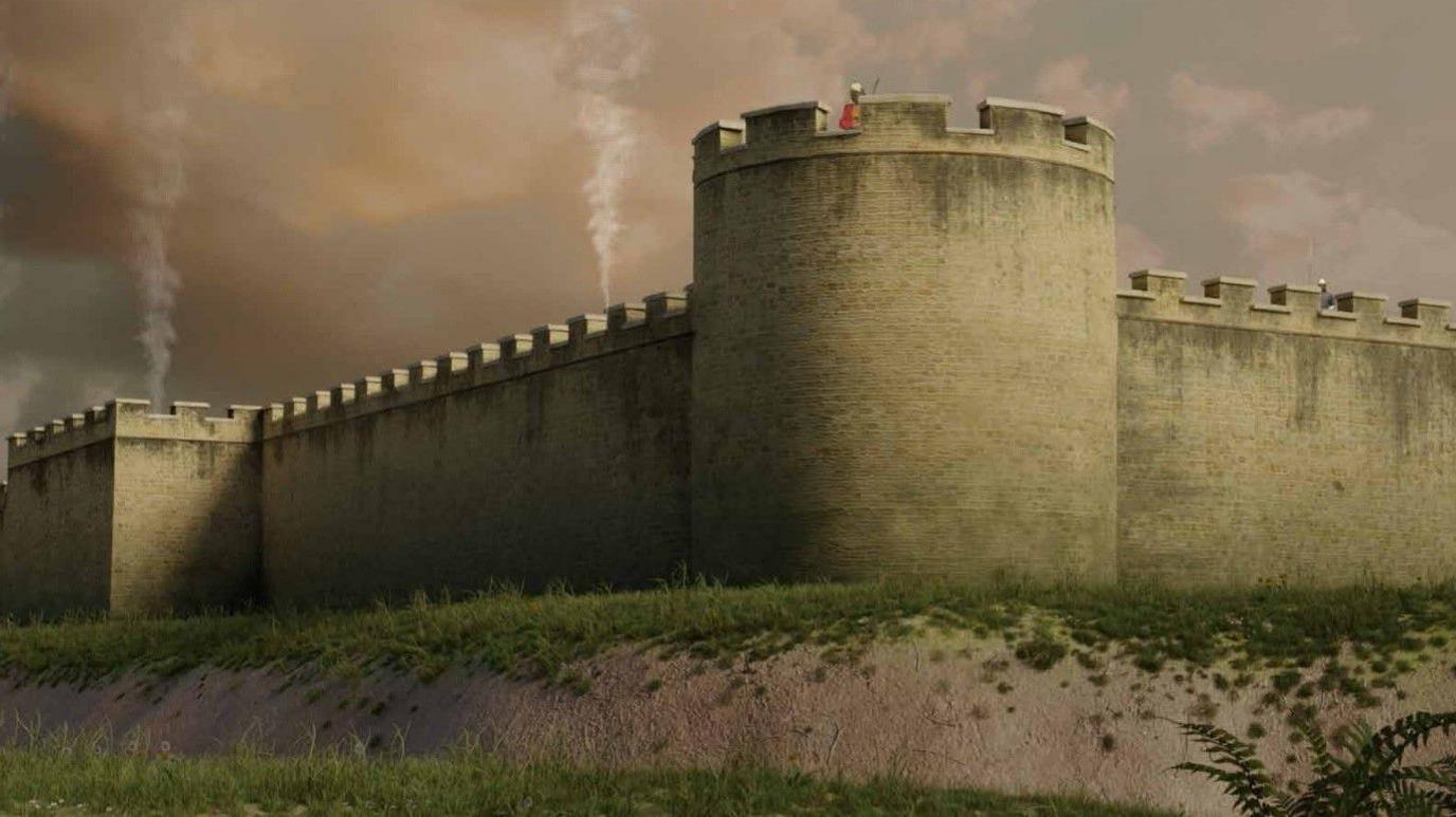 An artist's impression of the late Roman fort at Petuaria, now Brough, shows large stone walls and round towers on a bank of earth surrounded by a moat