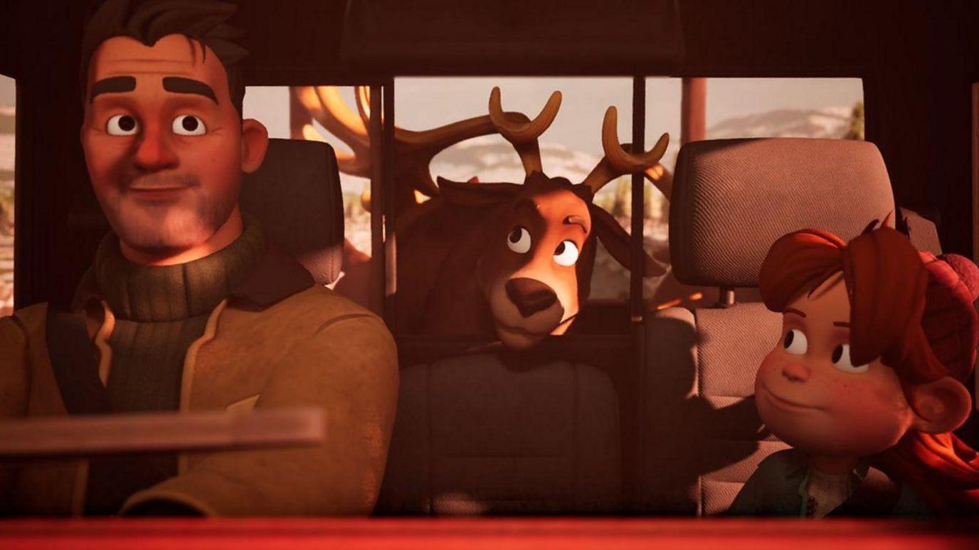 The characters Nollaí, Sadhbh and Daid are sitting in a moving vehicle. Nollaí and Sadhbh are looking at Daid who is Sadhbh's dad. He is driving underneath warm reddish-brown sunlight.