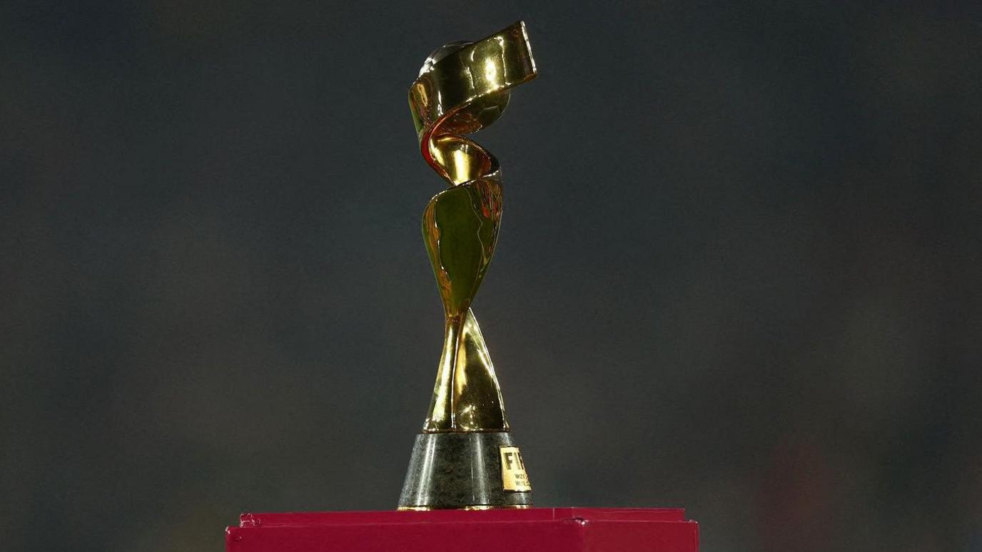 The picture shows the FIFA Women's World Cup at the final in of the 2023 tournament/ The trophy is gold with swirls going round a ball