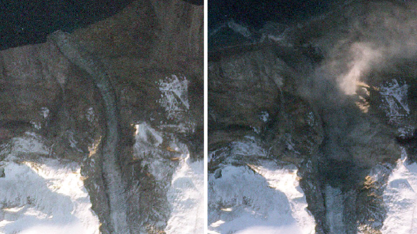 Two satellite images taken before and after a landslide in a Greenland fjord  