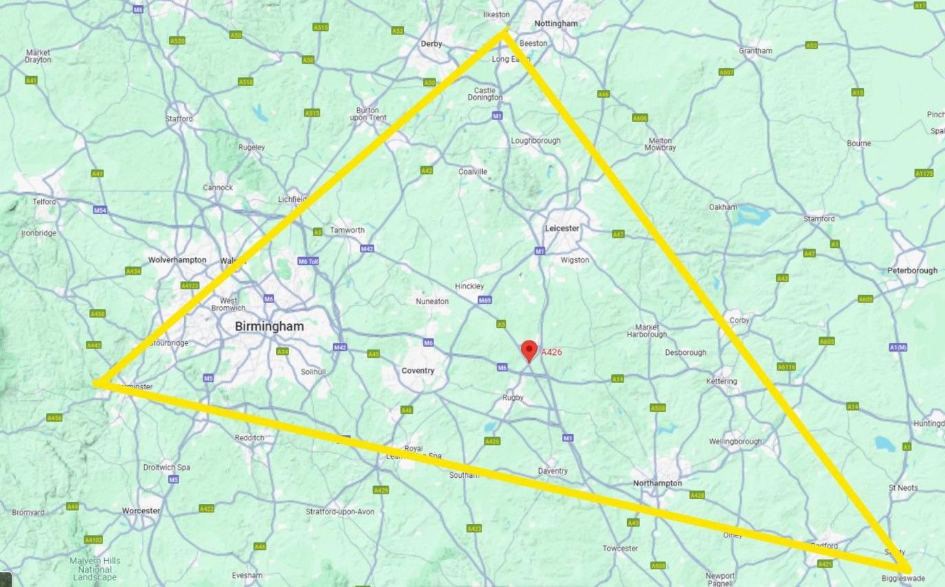 A map with a yellow triangle showing the location of the golden logistics triangle. 