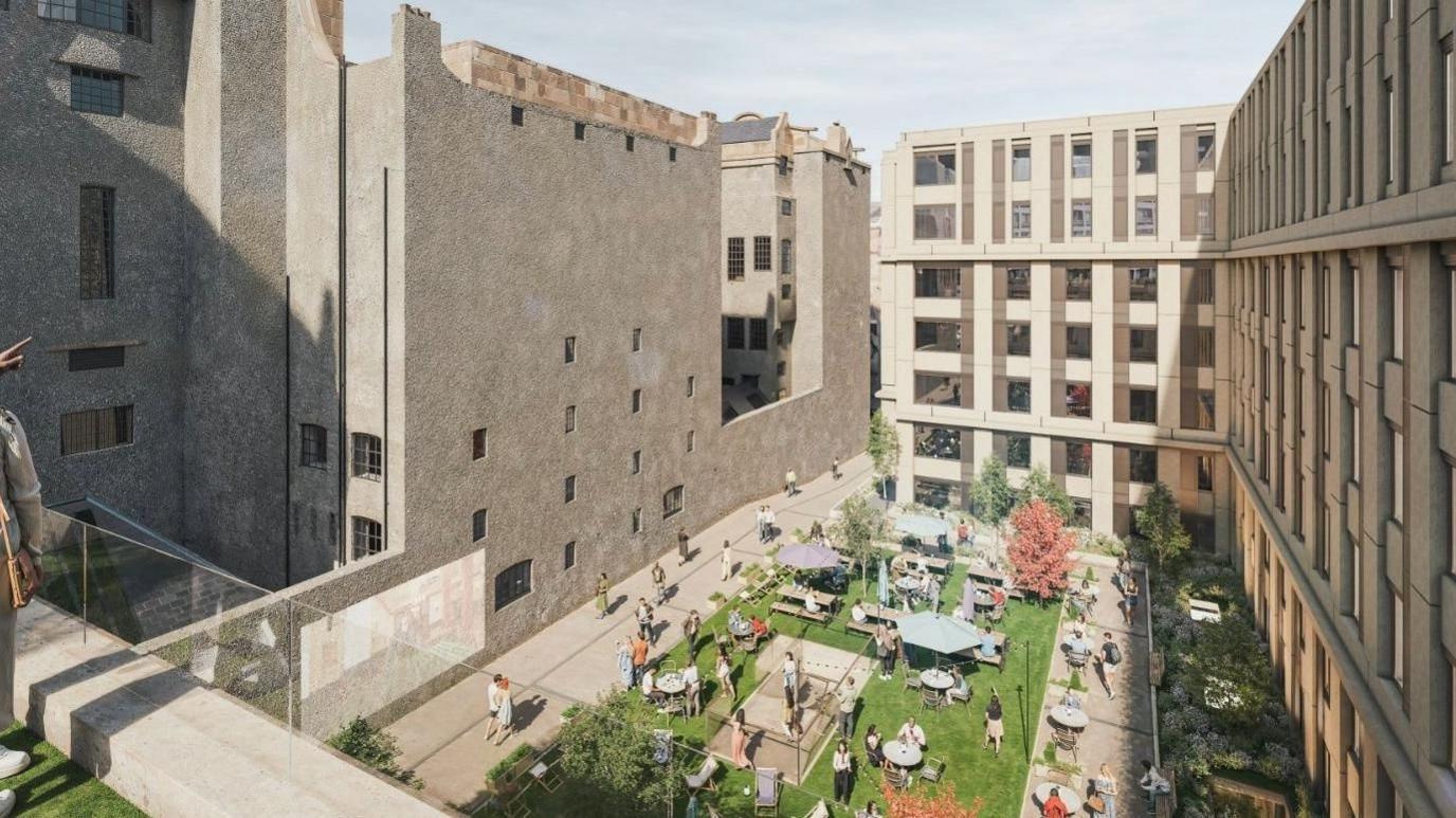 An artist's rendition of the new development showing people sitting outside in a courtyard