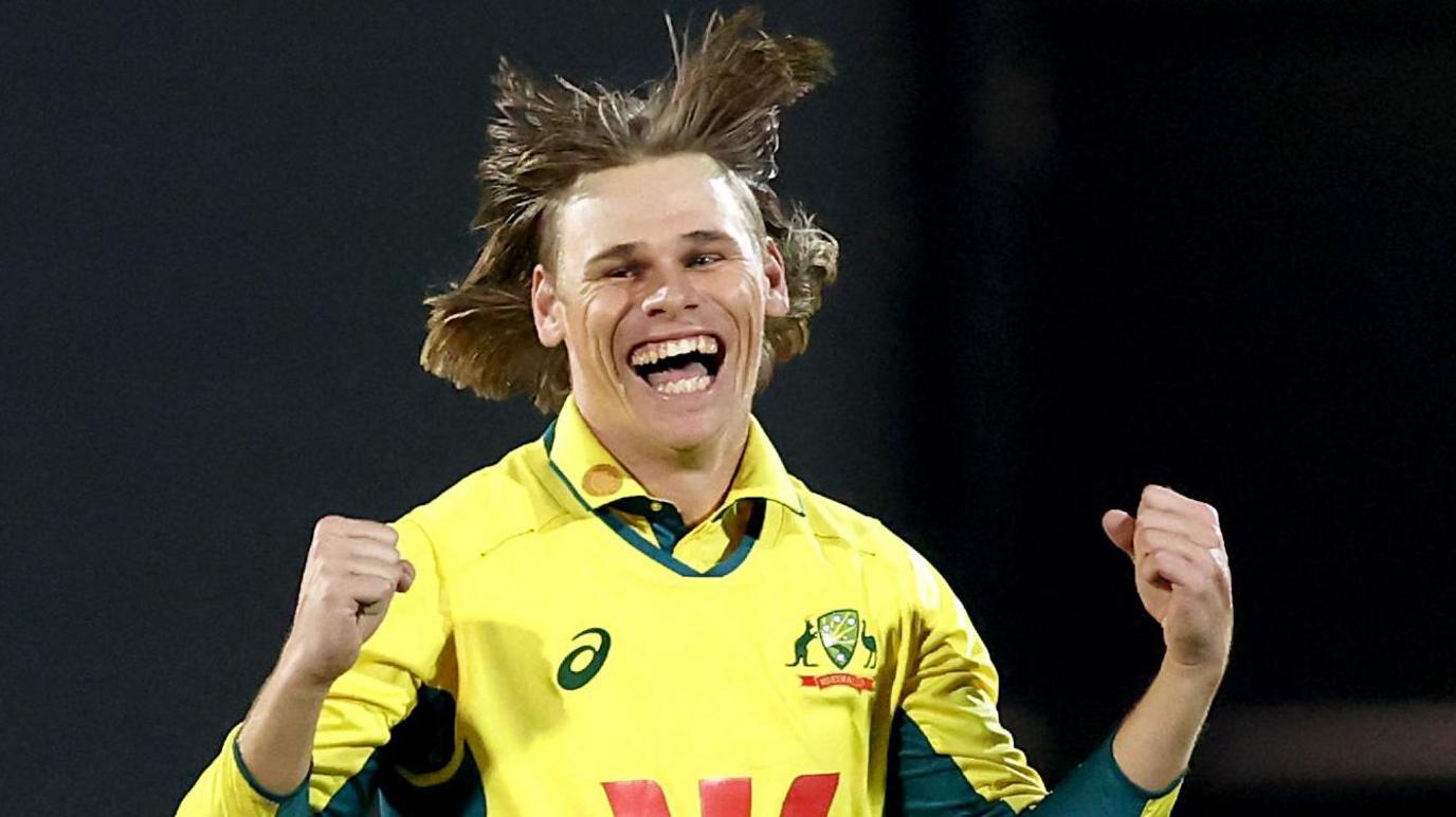 Australia's Cooper Connolly celebrates after taking his fifth wicket in the third ODI against South Africa