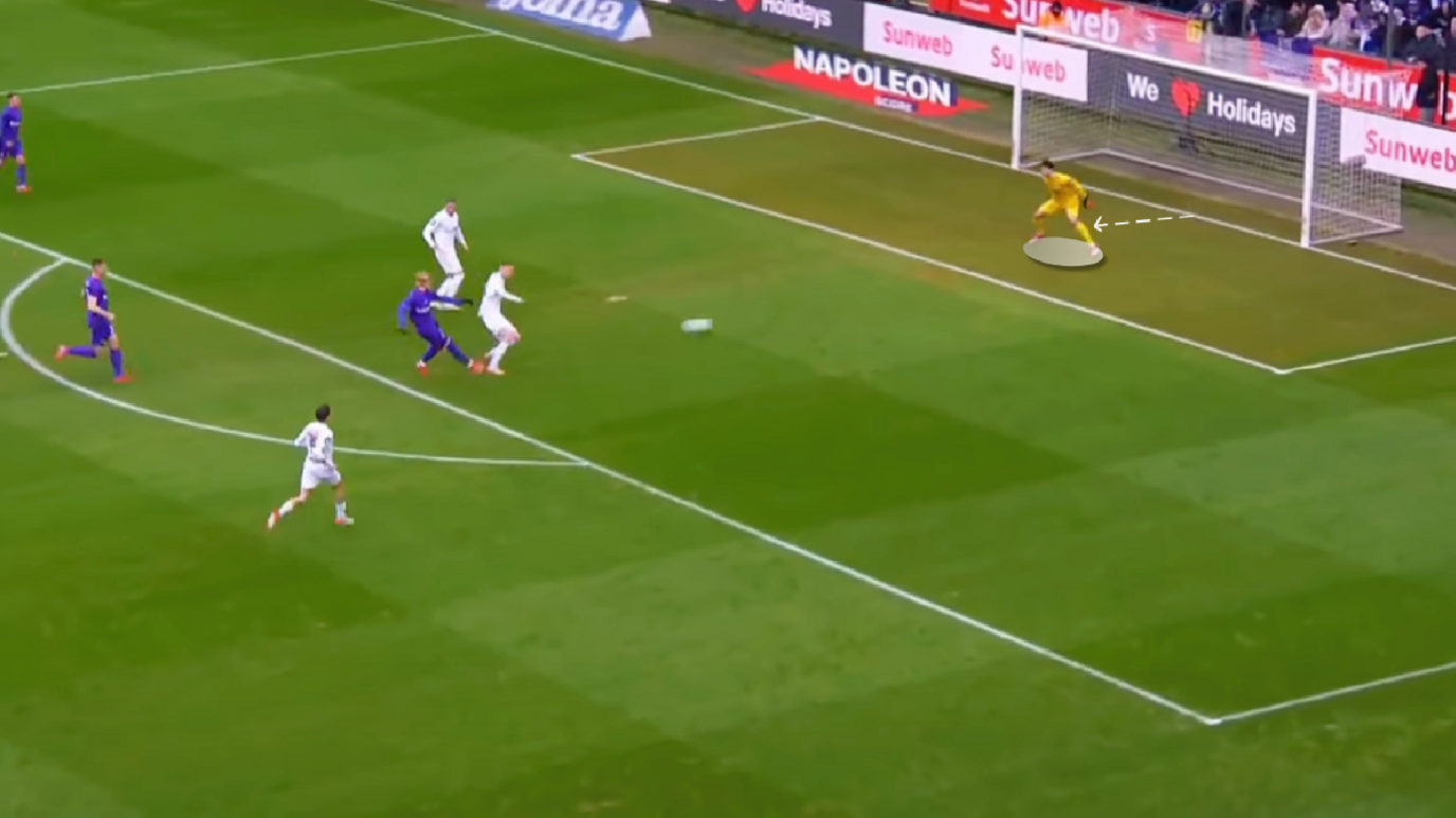 A screengrab from a match in which goalkeeper Senne Lammens has come off his line slightly reducing the angle for the opposition striker to score. 