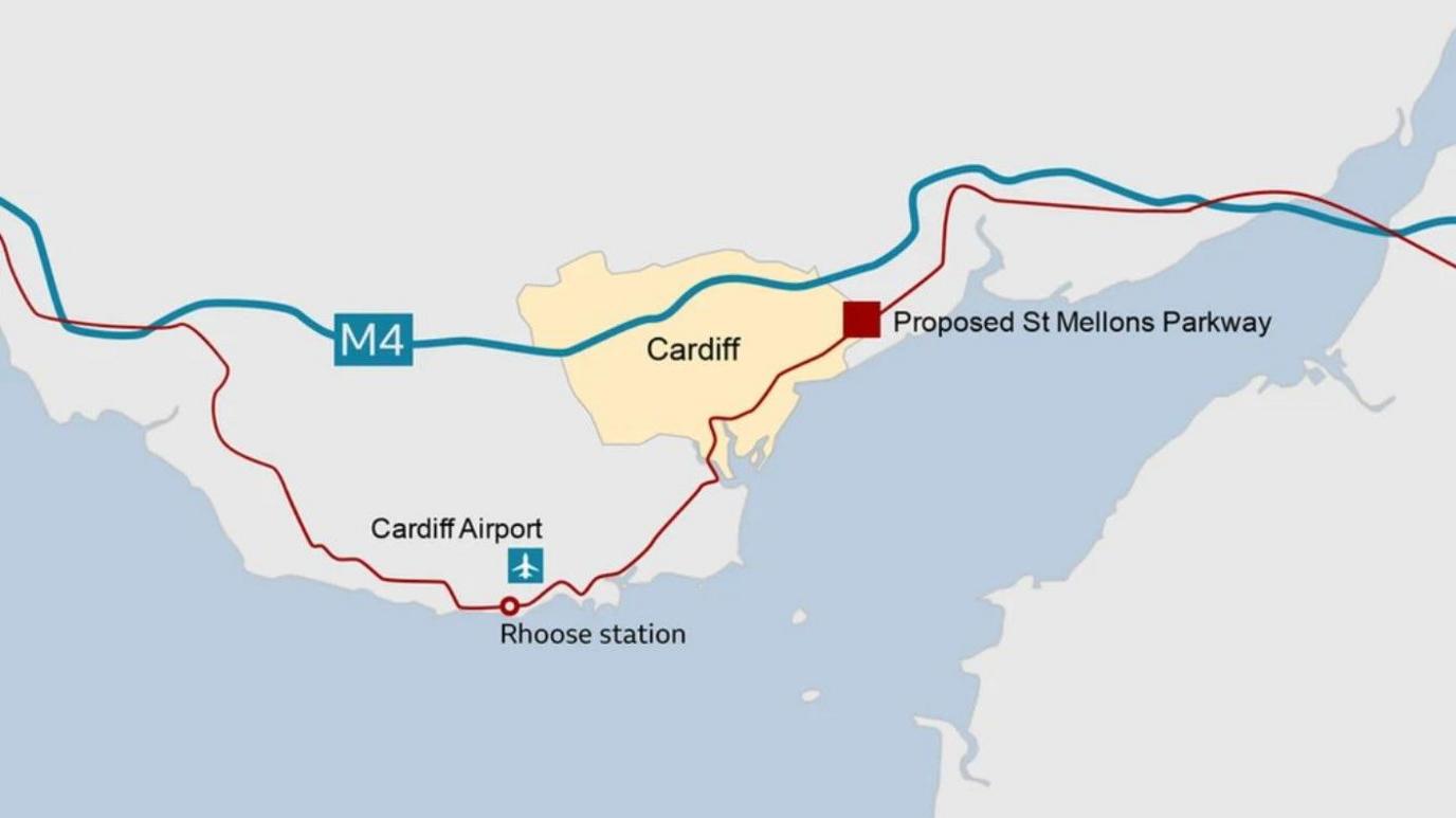 A map of south east Wales showing the proposed location of the Cardiff Parkawy station