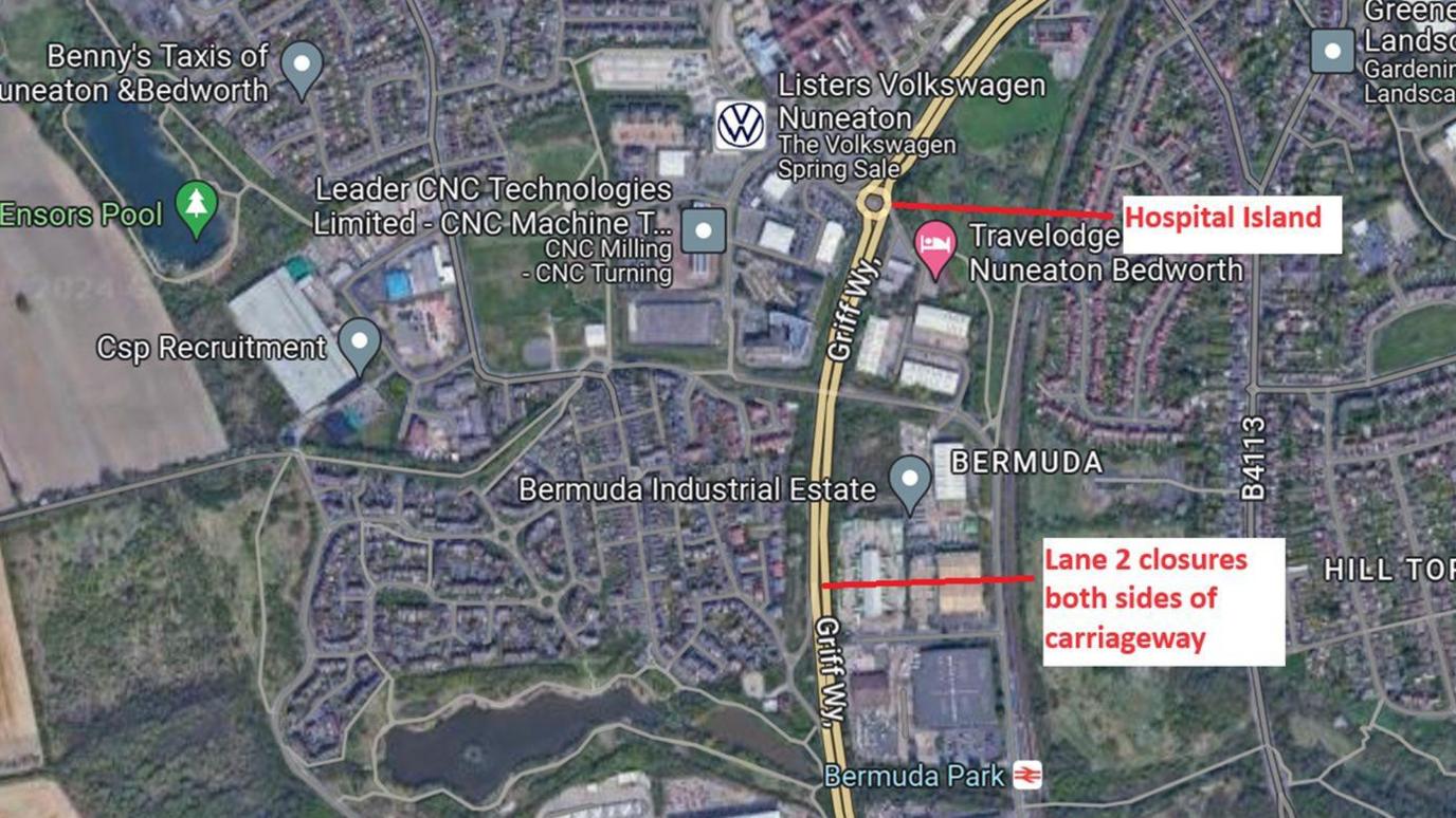 Map of A444 work being done by Warwickshire County Council