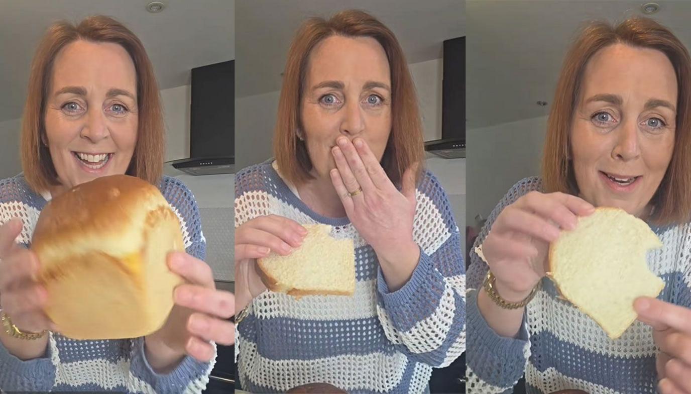 Jo AKA This Mum Cooks tasting the Japanese-style milk loaf. 