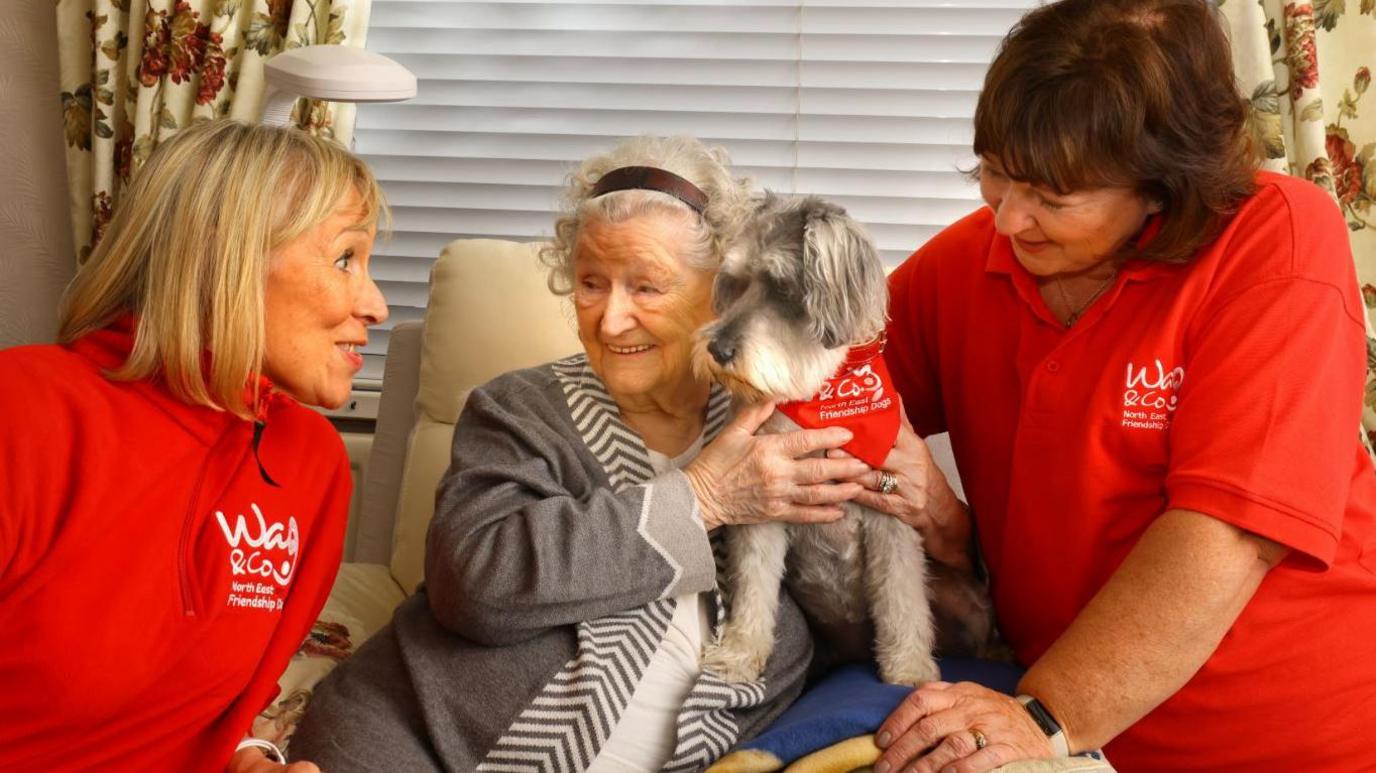 Elderly woman stting in an armchair, smiling and holding a grey dog with shaggy ears. On either side are women, looking at her and smiling. The one of the left has short blonde hair and is wearing a red fleece, the one on the right has dark hair and is wearing a t-shirt in the same colour. Both have "Wag and Company logs, and the same logo is on a red bandana worn by the dog.