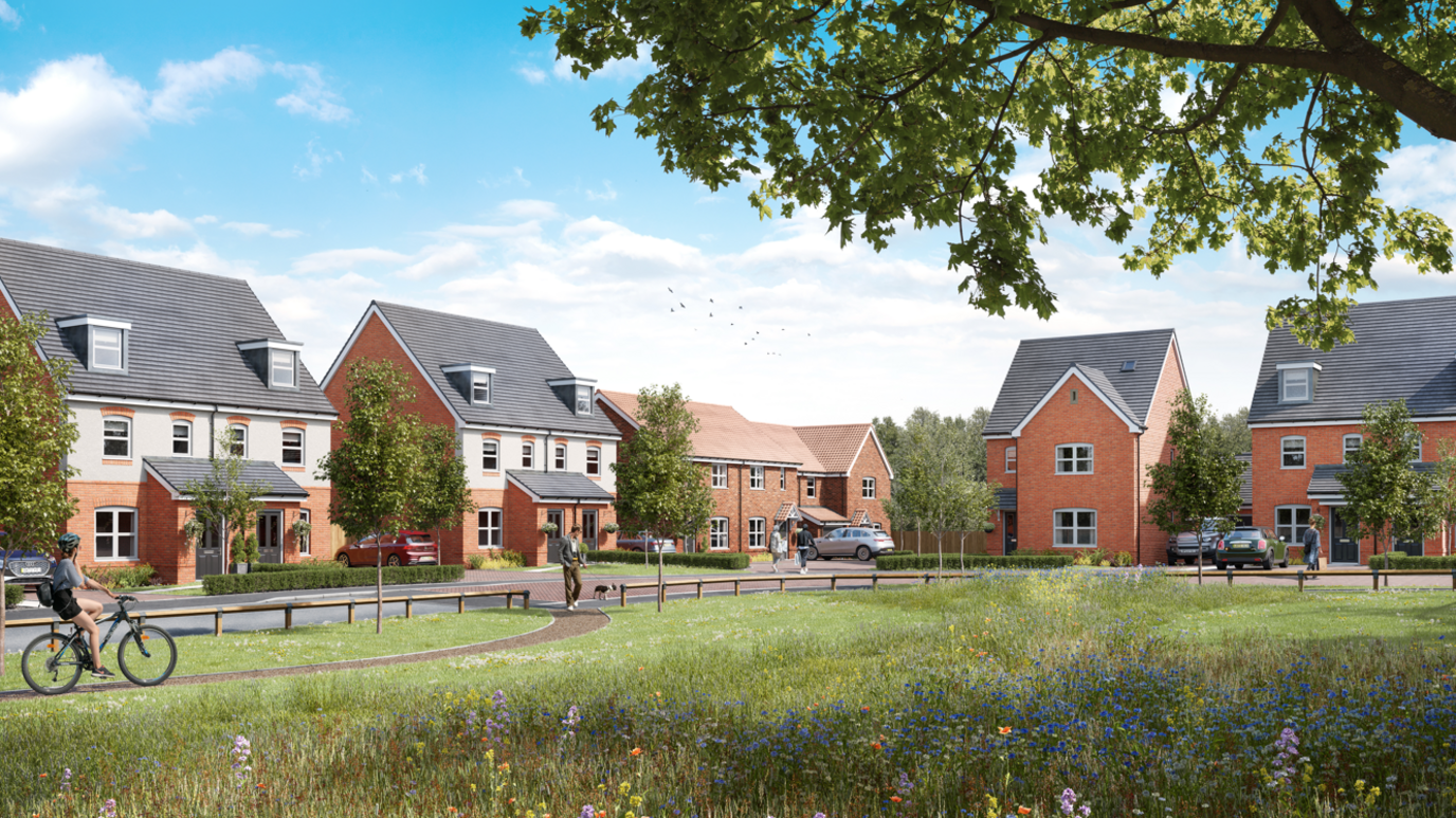 A computer generated image of a row of new build detached and semi detached houses of two or three storeys. In front of them is a green area with an area of wildflower meadow. A person is walking their dog and another person is cycling on a path through the grass.