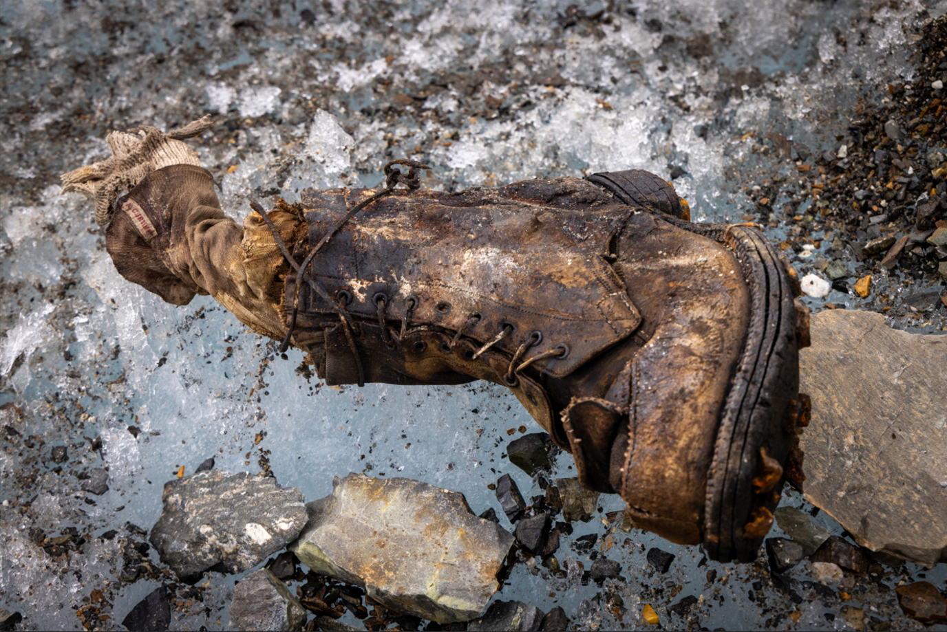 A sock tagged with "A.C. Irvine", along with a boot, has been discovered on the Central Rongbuk Glacier below the North Face of Mount Everest by a team led by Jimmy Chin.