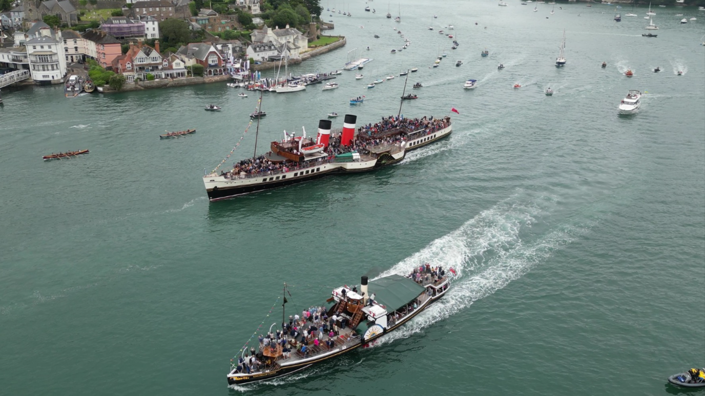 The Waverley and Kingsclear Castle paddle steamers on the River Dart