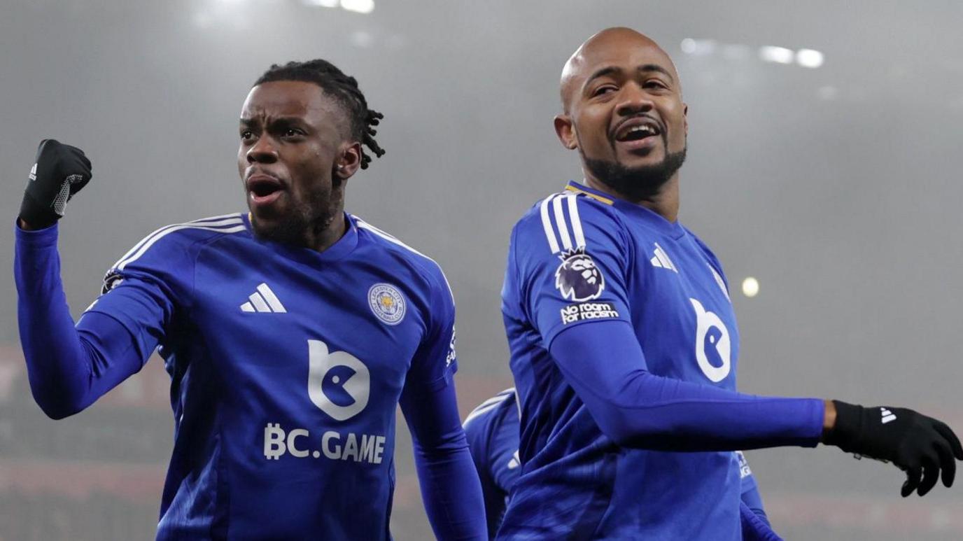Jordan Ayew of Leicester City (right) celebrates with team-mate Stephy Mavididi