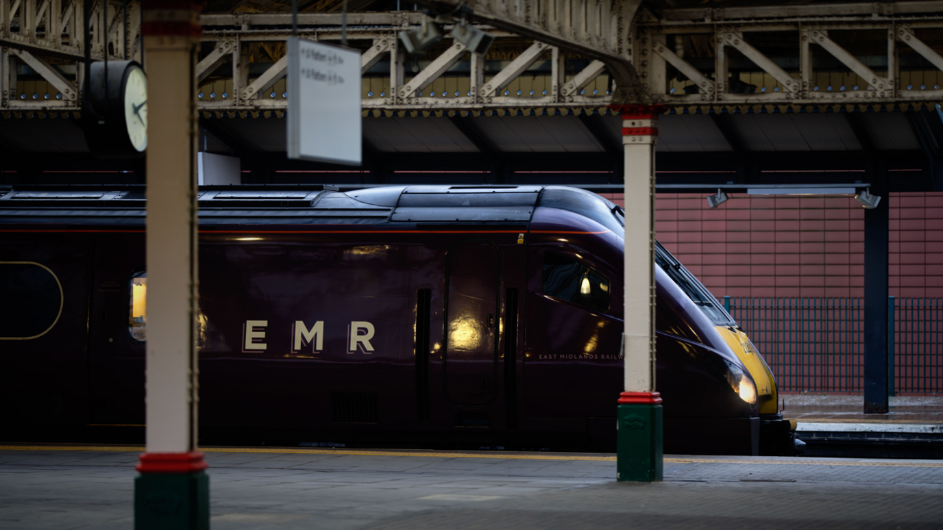 An East Midlands Railway Meridian train at Nottingham Station
