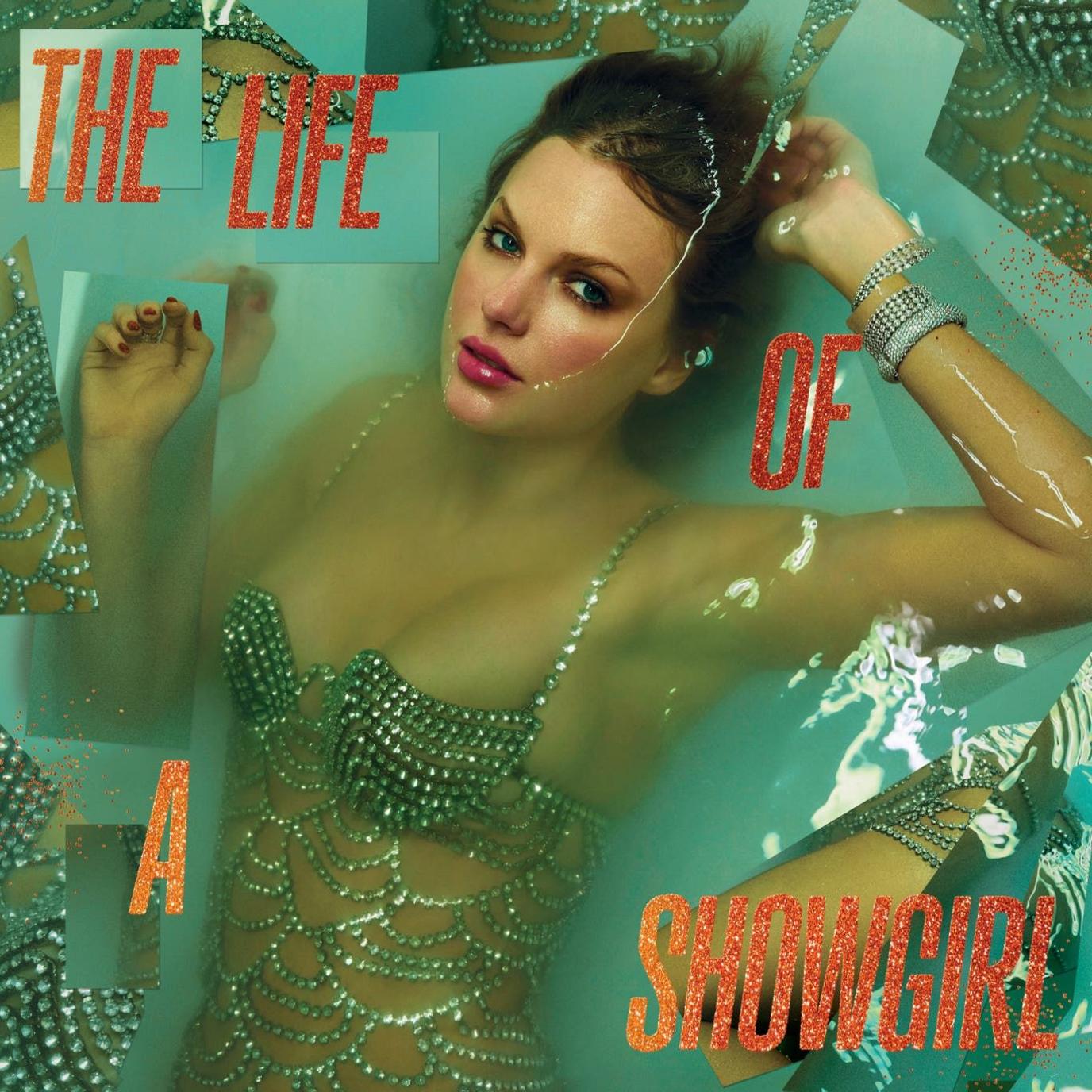 Image of Taylor Swift wearing a bedazzled dress in the bath.