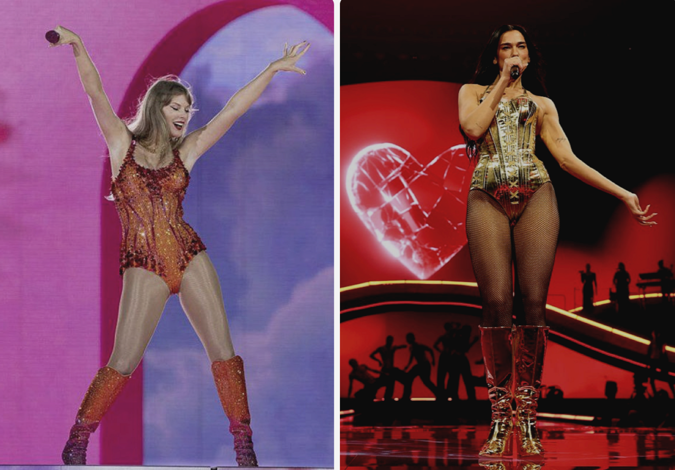 Taylor Swift and Dua Lipa seen on stage as a composite image