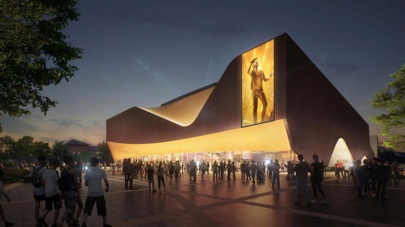 A computer generated image of the new arena, which is a large building with a screen on the outside, and people milling around in groups outside it. There is a image of a singer on the screen which has yellow lights highlighting it.