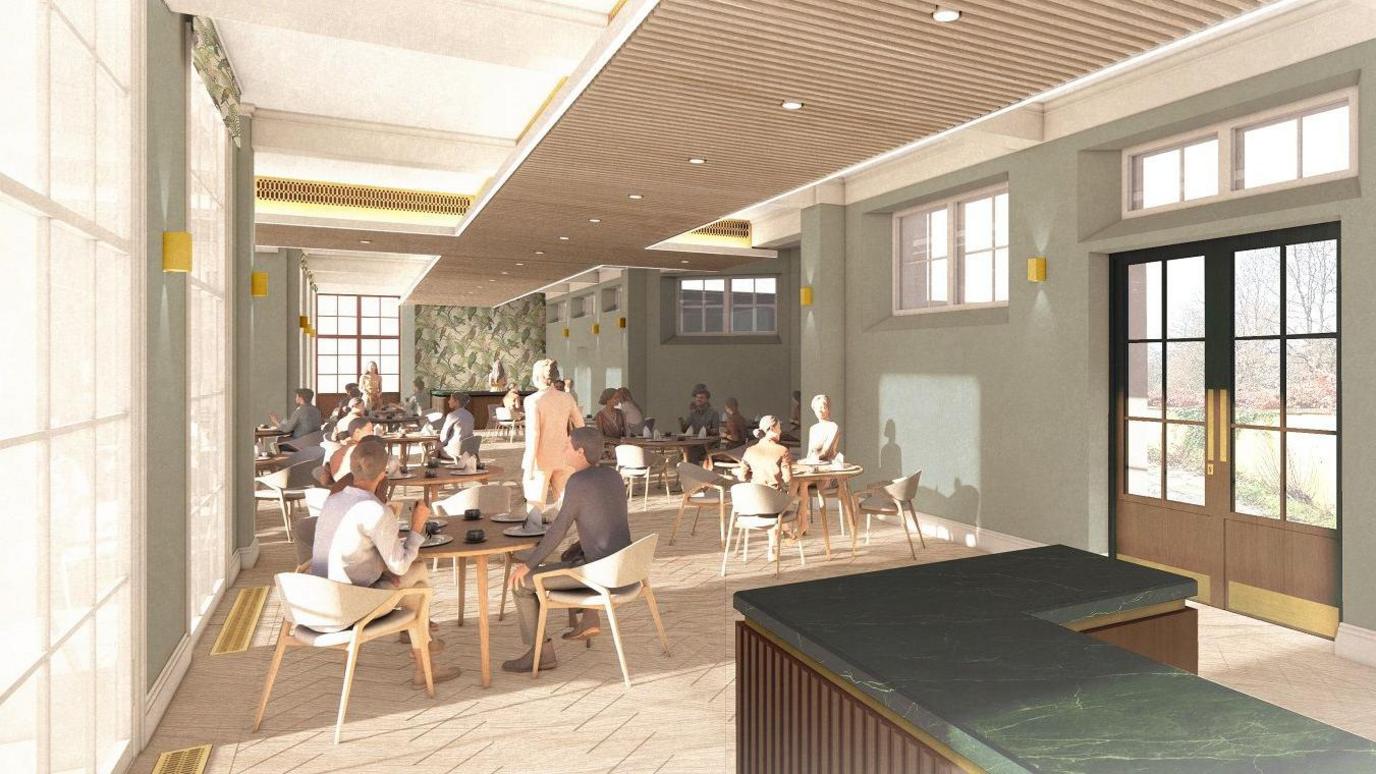 artist's impression of people sitting around tables at a future cafe- with glass panelled doors looking out on to greenery