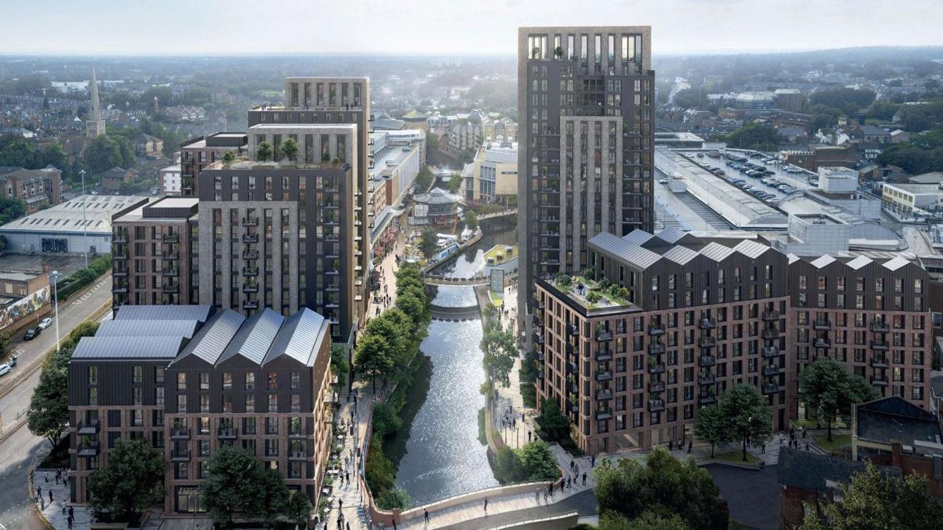 CGI image of the planned apartment blocks either side of the River Kennet