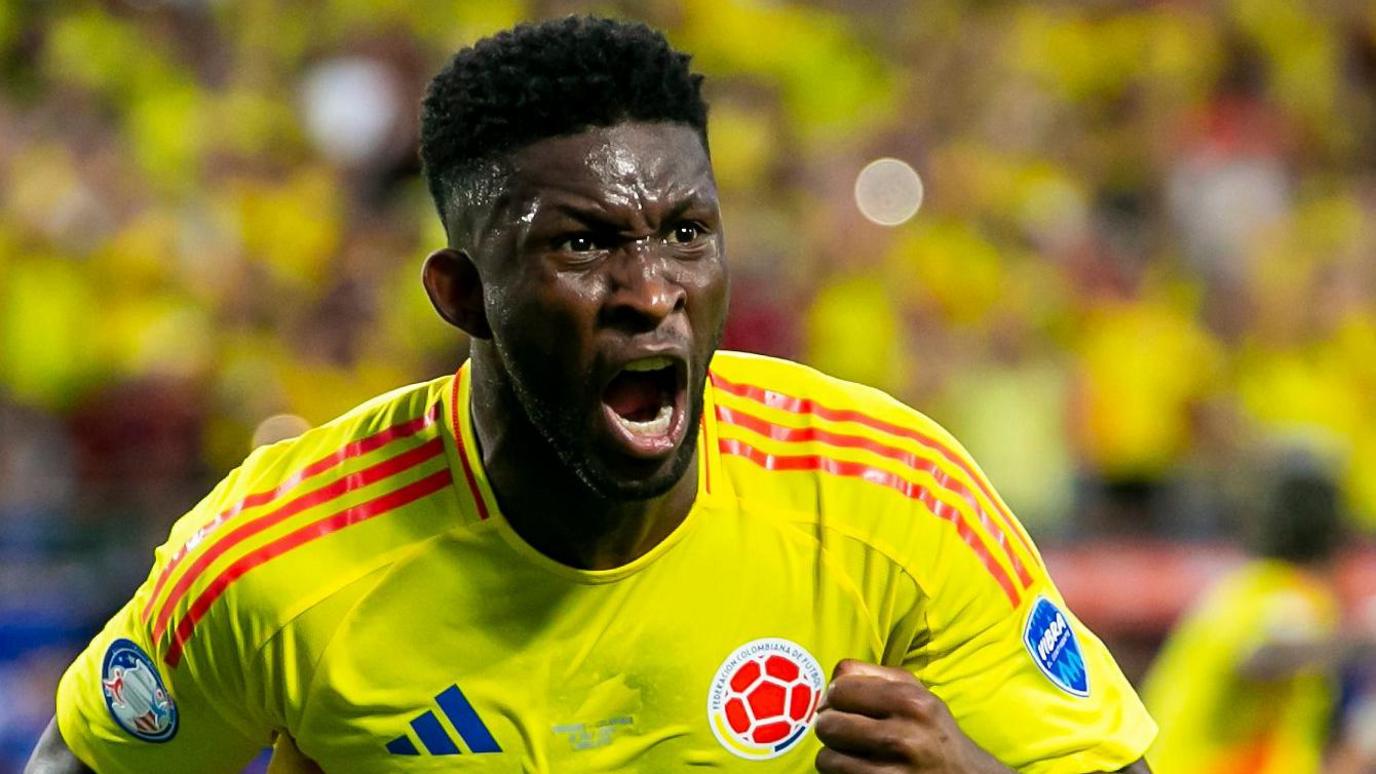 Jefferson Lerma celebrates scoring for Colombia against Uruguay