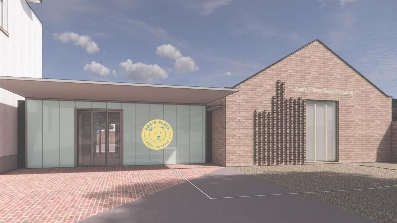 A CGI image of a glass panelled, flat-roofed reception area connected to a brick structure with a gable roof. 