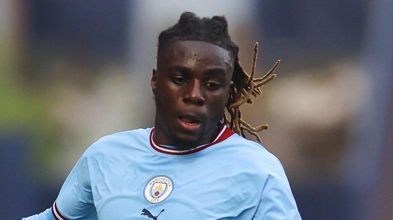 Terrell Agyemang playing in a mid-season friendly match between Stockport County and Manchester City U21 in 2023