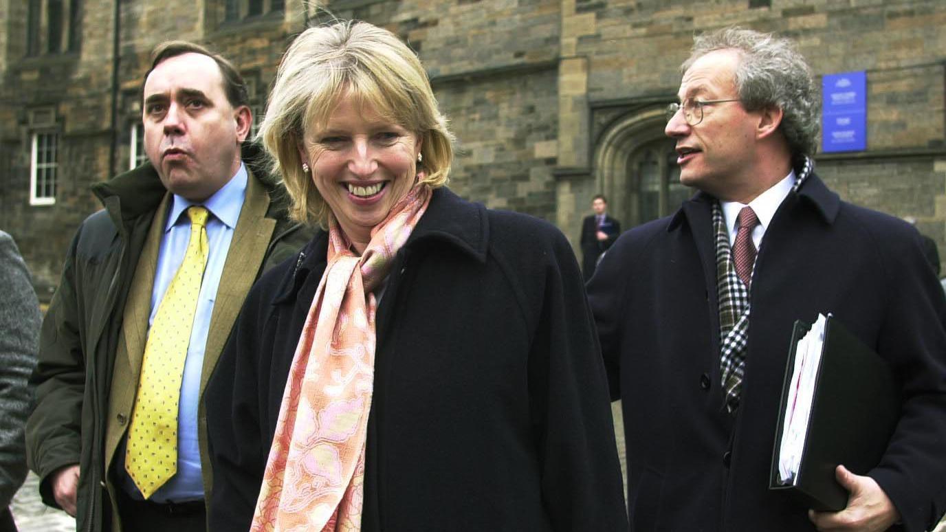 Scottish Fisheries minister Rhona Brankin arrives to talk to protesting fishermen at the Scottish parliament in Edinburgh with First Minister Henry McLeish (right) and Alex Salmond. * Hundreds of fishermen marched on the Scottish Parliament in a bid to persuade the Executive to compensate them for tying up their boats to conserve fish stocks. A delegation met with Ms Brankin this morning to warn her the fishing industry faces total collapse unless a financial package is brought forward.
