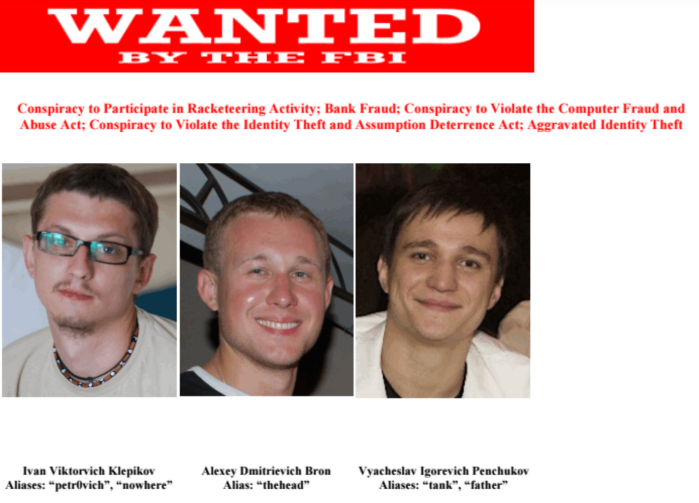 The headline says "Wanted by the FBI"; underneath it says "conspiracy to participate in racketeering activity; bank fraud. conspiracy to violate the computer fraud and abuse act; conspiracy to violate the identity theft and assumption deterrence act; aggravated identity theft." Under that, there are images of three men and their names: Ivan Viktorovich Klepikov, aliases petrovich, nowhere; Alexey Dmitrievich Bron, alias "the head"; Vyacheslav Igorevich Penchukov, aliases tank, father.