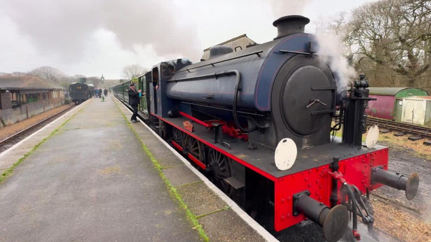 Steam billows from a blue and red locomotive at the platform at Havenstreet station