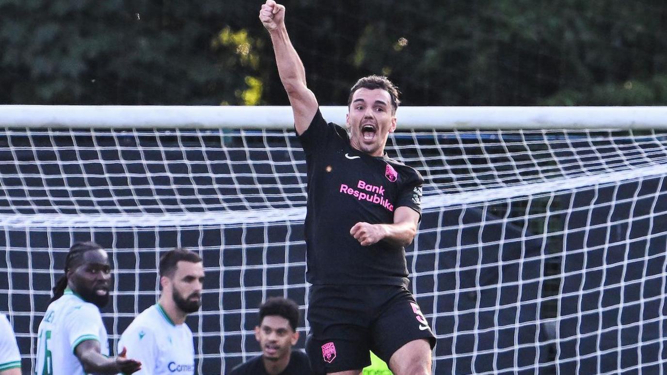 Rahman Dashdamirov jumps in celebration after scoring a second goal for Sabah against The New Saints