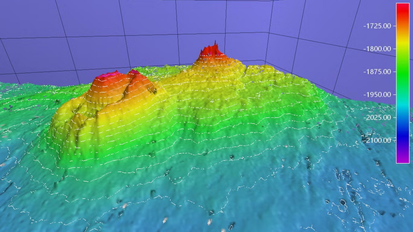 A volcano-like structure which was spewing gas was discovered while conducting a "sounding" - a measurement of a deep body of water. This image shows the results of the underwater "scans" they took. 