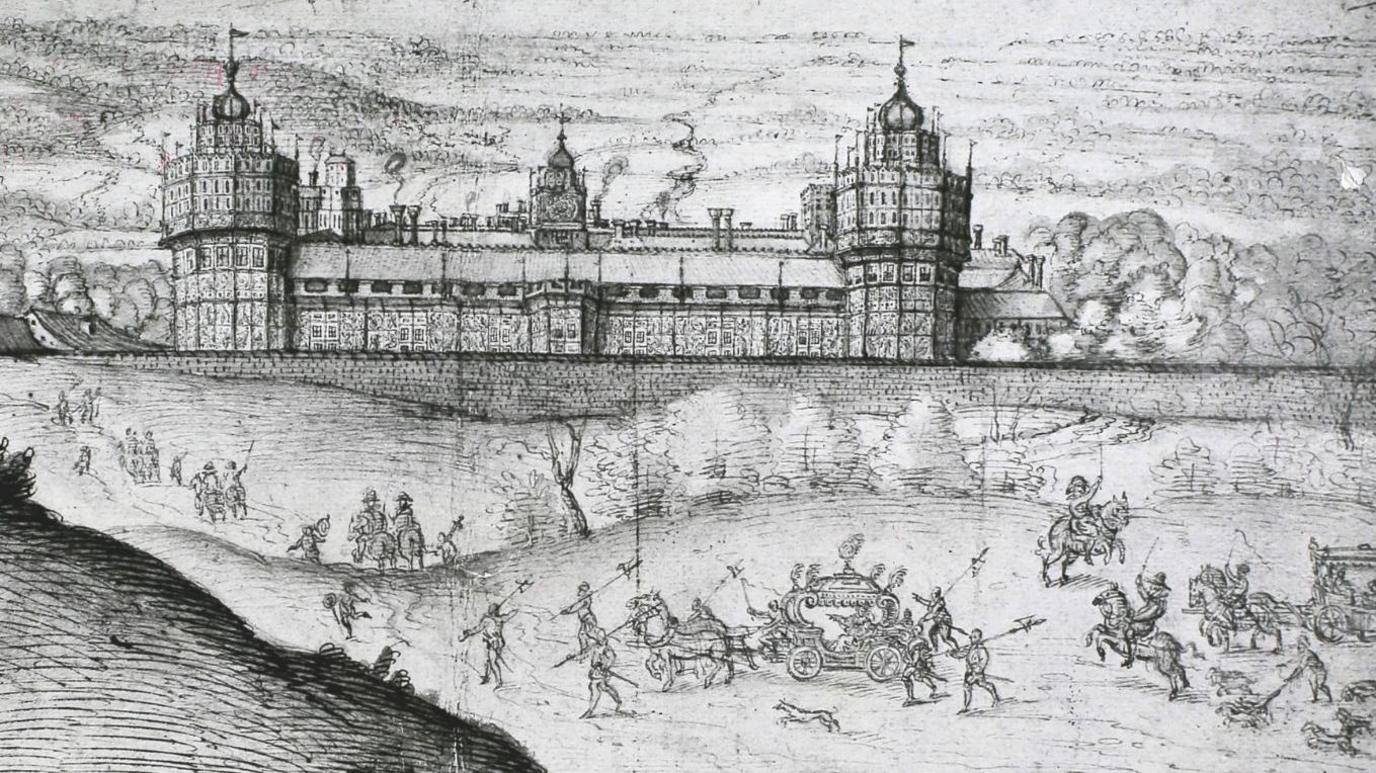 This a black and white pencil image showing Queen Elizabeth I arriving at Nonsuch Palace by carriage in 1562