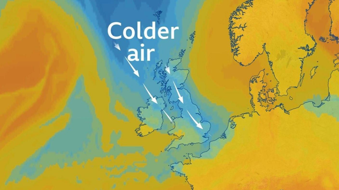 Airmass chart showing cold air (represented by the blue colours) spreading down from the arctic across the UK