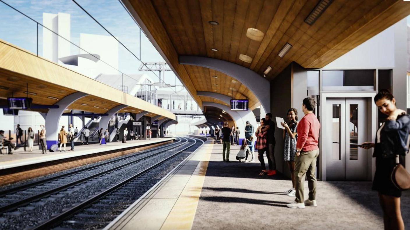 A computer-generated image of people stood by a widened train station platform under a curved wooden canopy. 