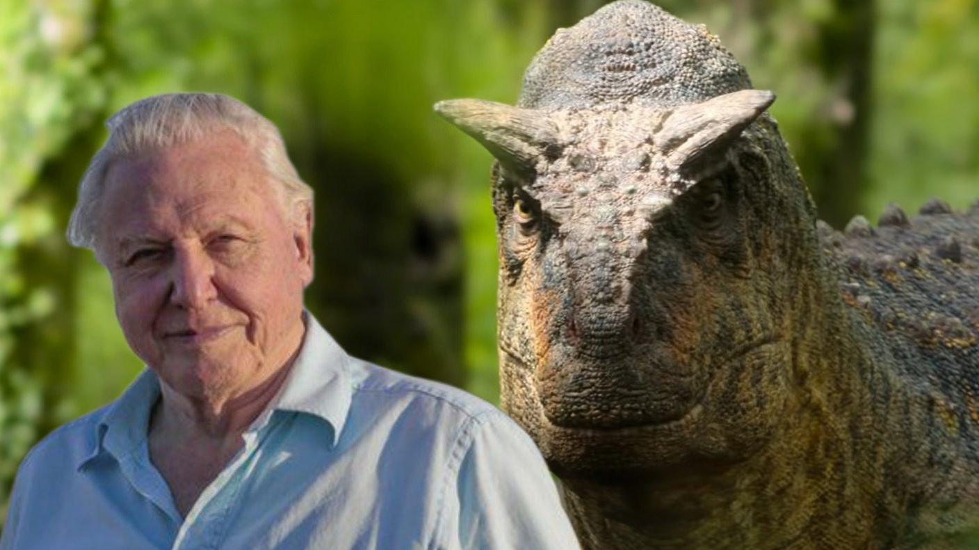 Sir David Attenborough with a dinosaur.