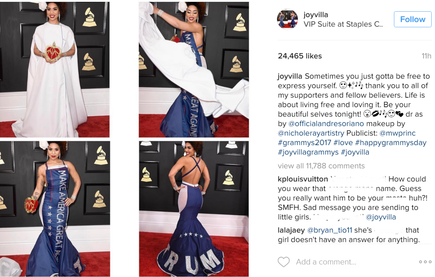 Instagram post by singer Joy Villa about her Grammys dress: "Sometimes you just gotta be free to express yourself."