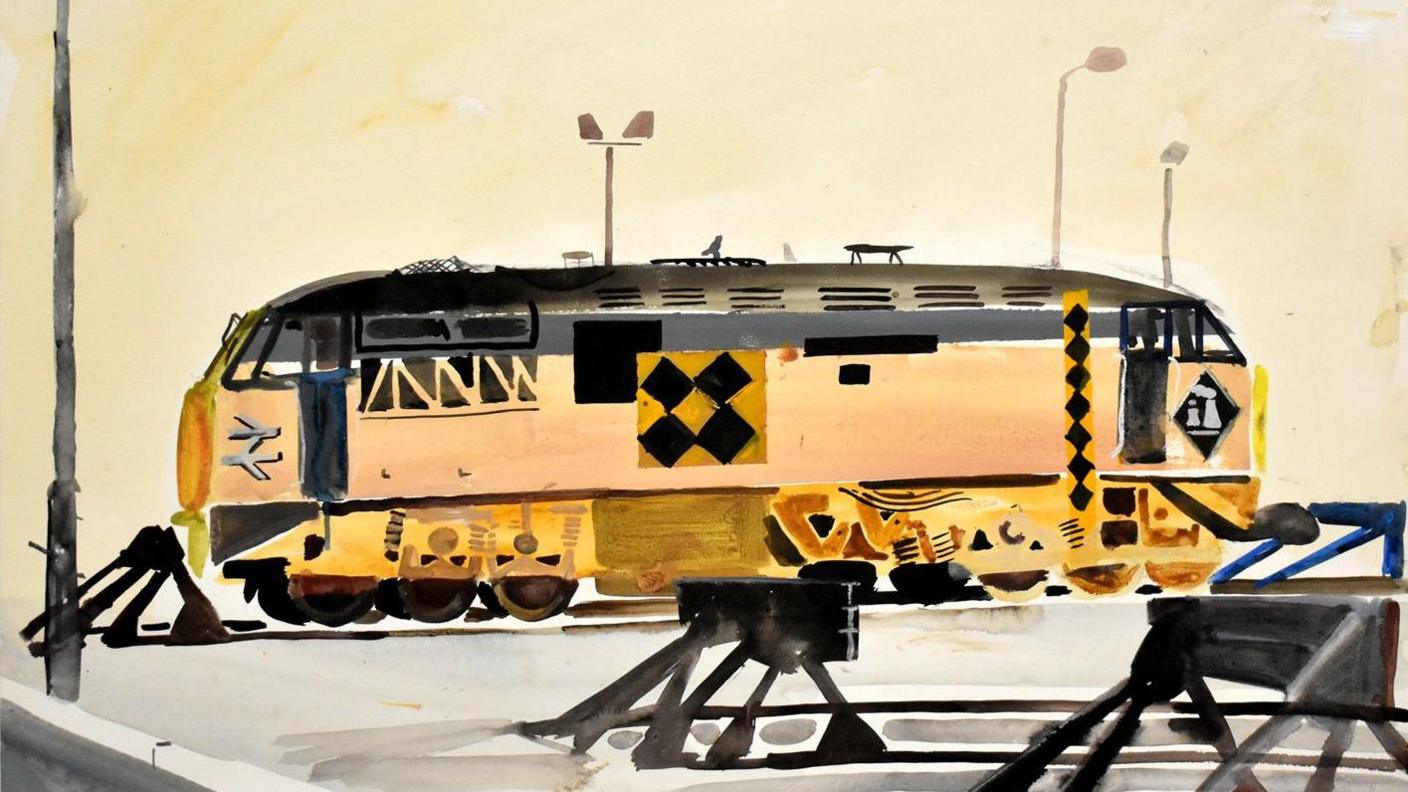 A watercolour painting of a diesel engine standing in a train yard. The engine is yellow and black. Lamp-posts can be seen in the background.