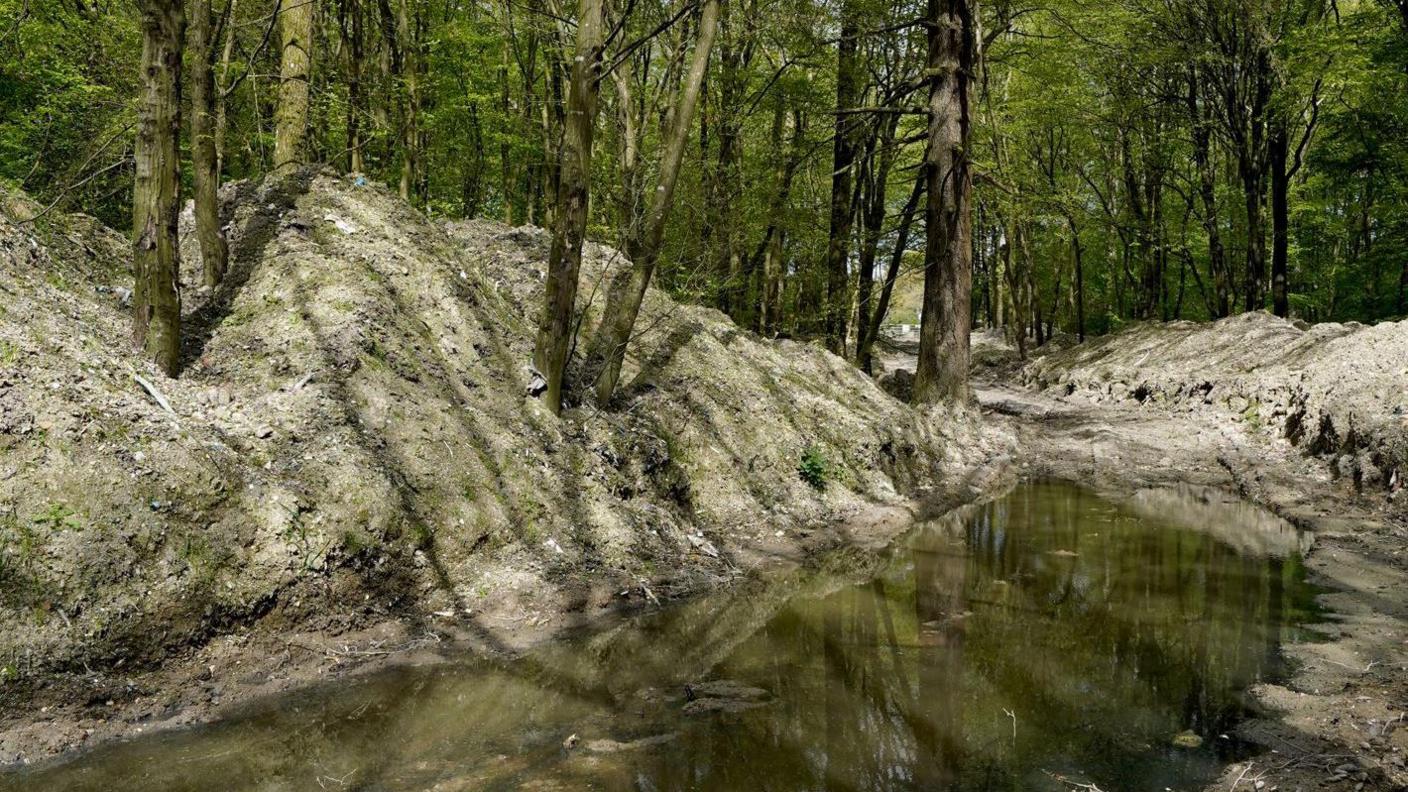 Stagnant green water lies below huge piles of grey waste in the middle of a woodland