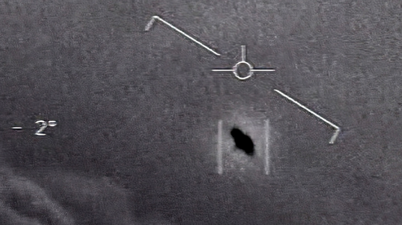 A screen grab of declassified videos of "unexplained aerial phenomena" filmed by US military pilots