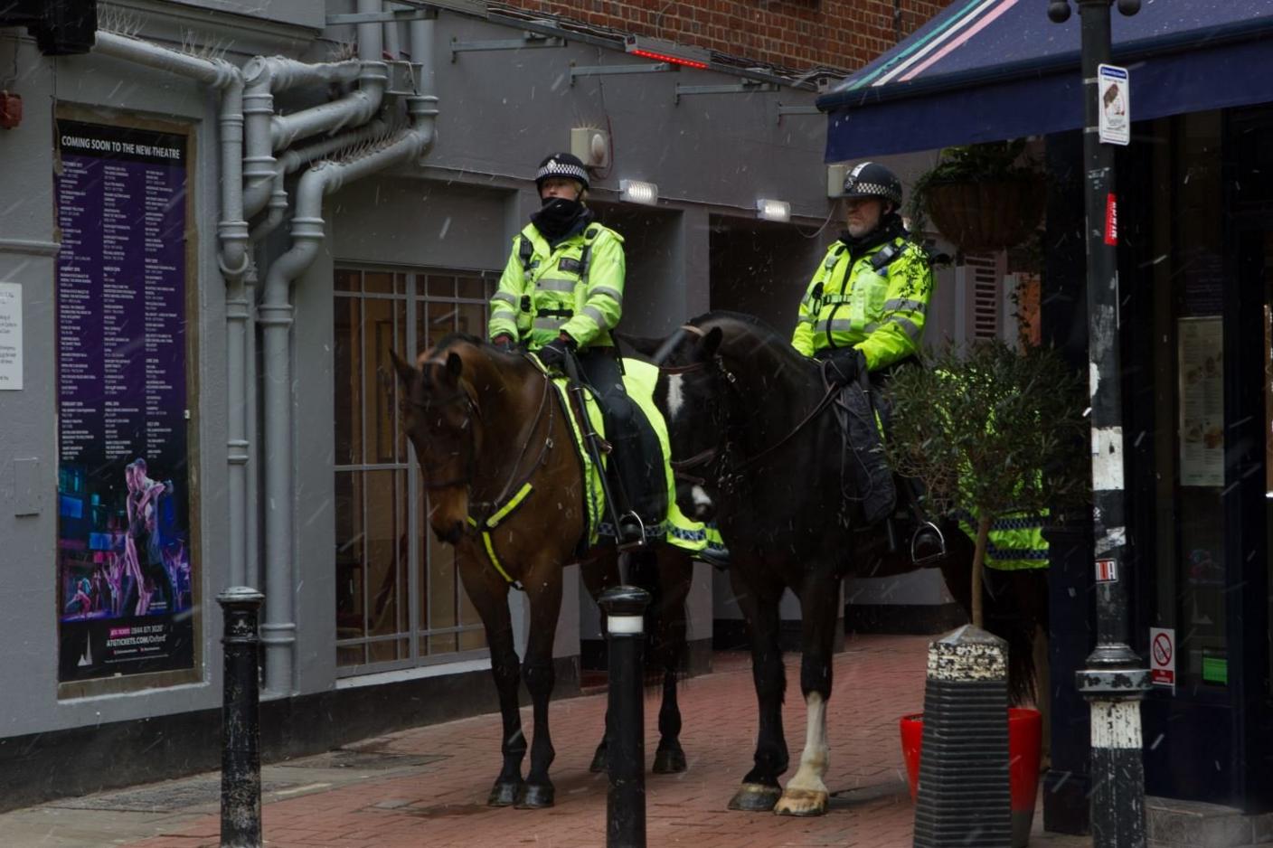 Police horses in the snow in George Street