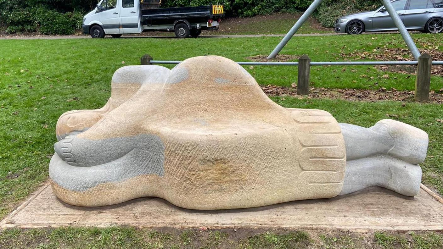 The Holding Time Chair sculpture seat, depicting a breastfeeding mum, is made of Ancaster stone and weighs 2.5 tonnes