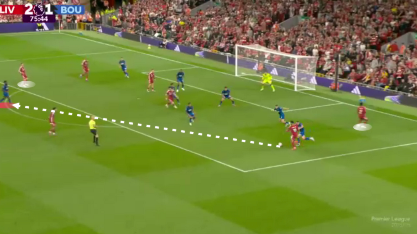 Graphic showing how Salah’s misplaced pass arrived at Semenyo (highlighted in red) before Bournemouth’s counter-attacking goal