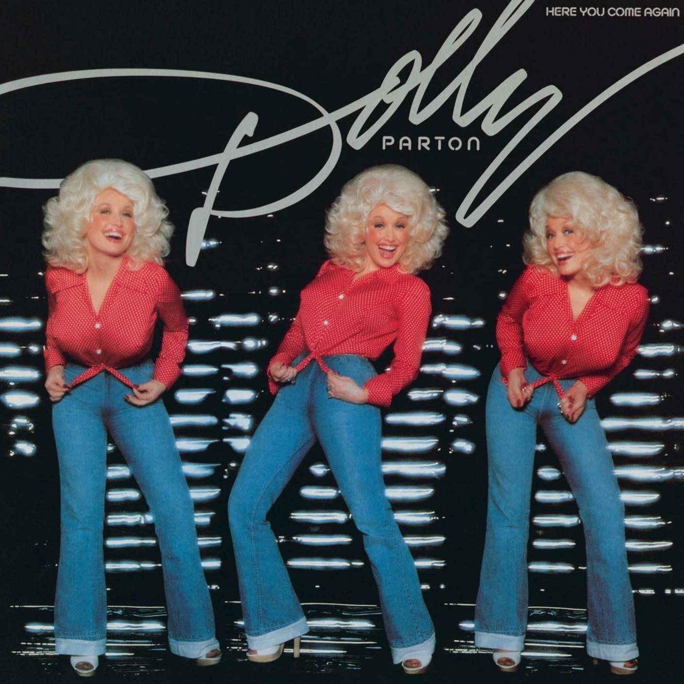 Album cover for "The Fairest of Them All" by Dolly Parton which was released in 1977. Three version of Dolly appear on the cover, all in a red top and jeans.