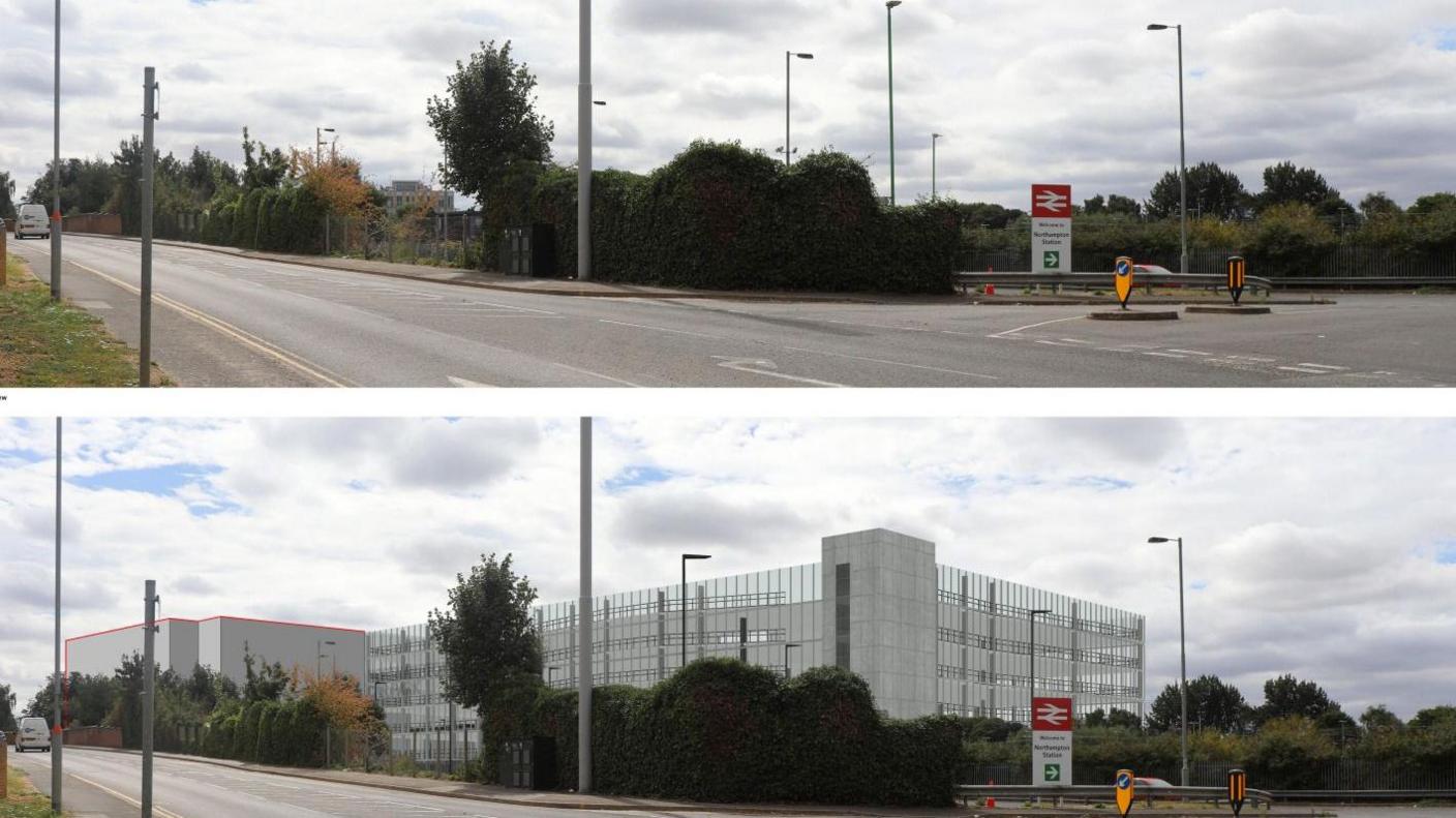 Two images, on top of each other, of Northampton Train Station, and what the current site looks like, complete with trees and the image below with a large car park, a large building in place of open sky.