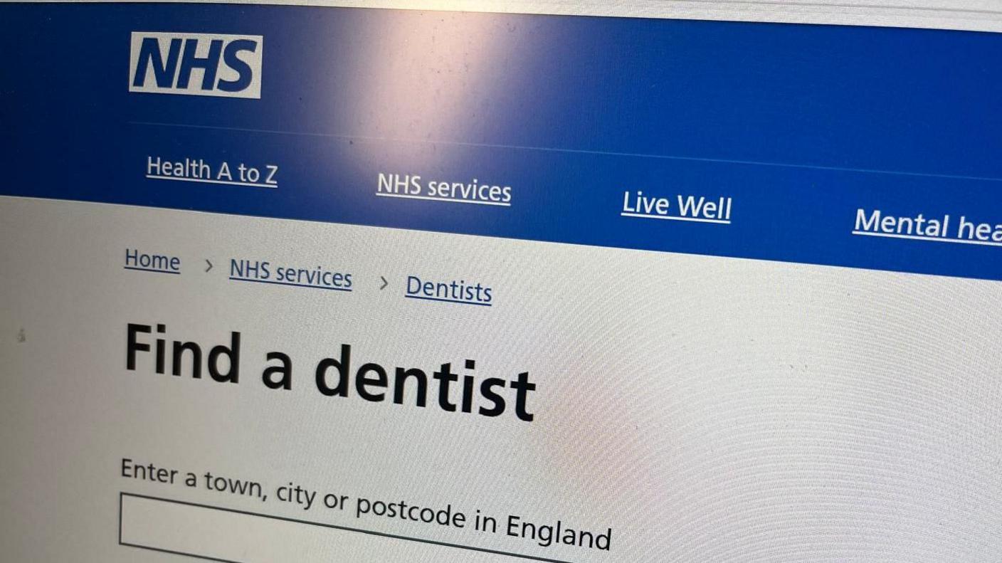 The NHS website reads: "Find a dentist", and then there's a search box for people to "Enter a town, city or postcode in England".
