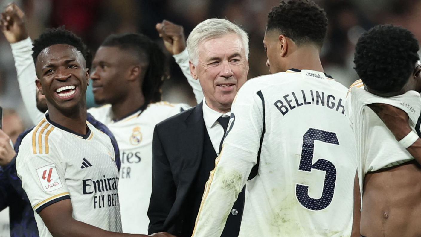 Real Madrid boss Carlo Ancelotti with Vinicius junior and Jude Bellingham