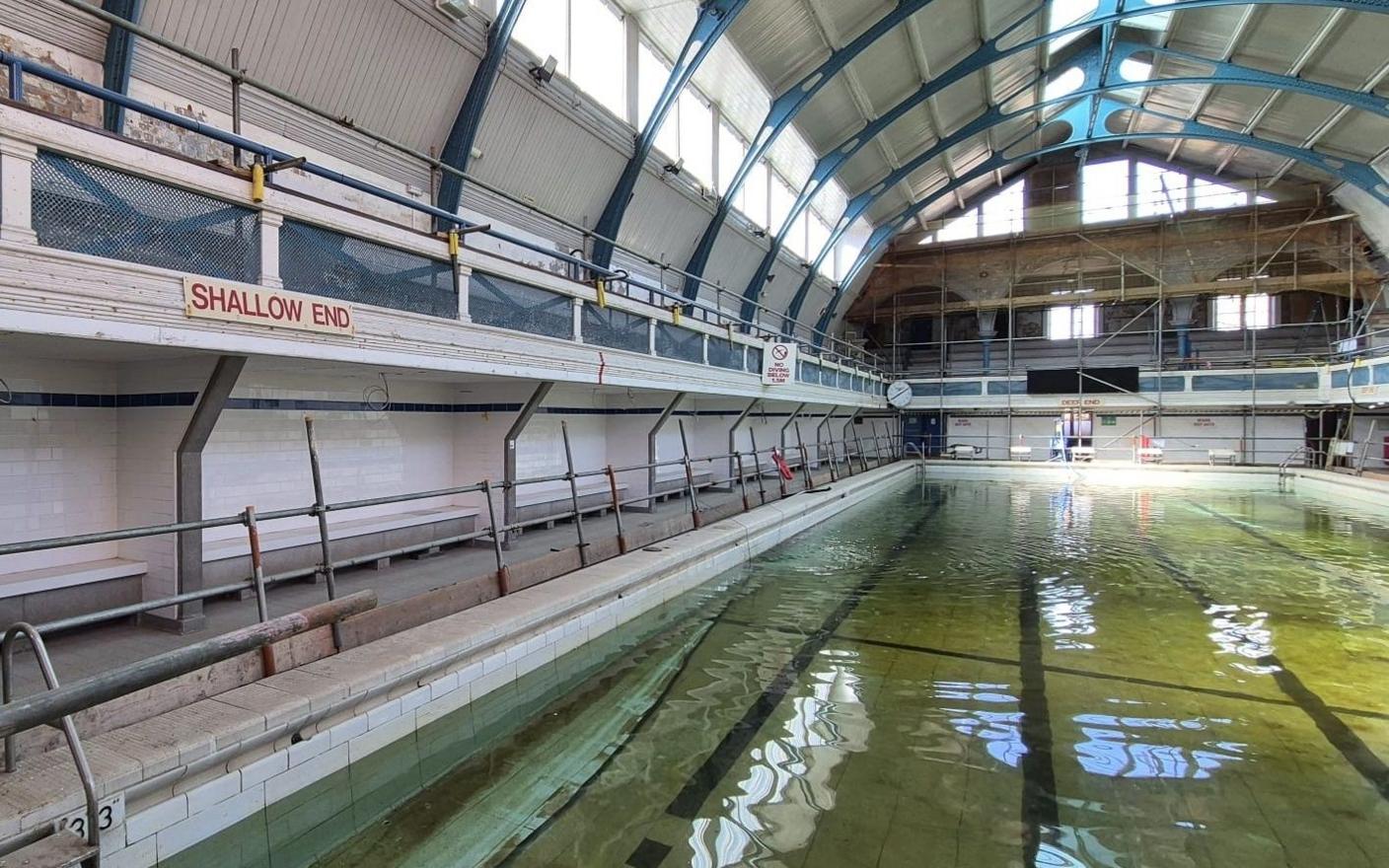 The Health Hydro's large pool surrounded by scaffolding