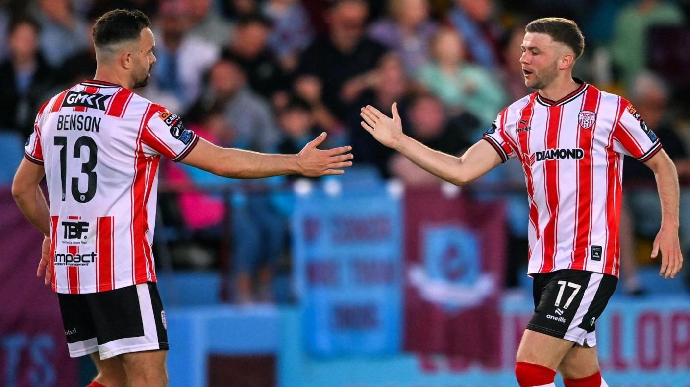 Robbie Benson (left) congratulates Dom Thomas after his late equaliser in Drogheda