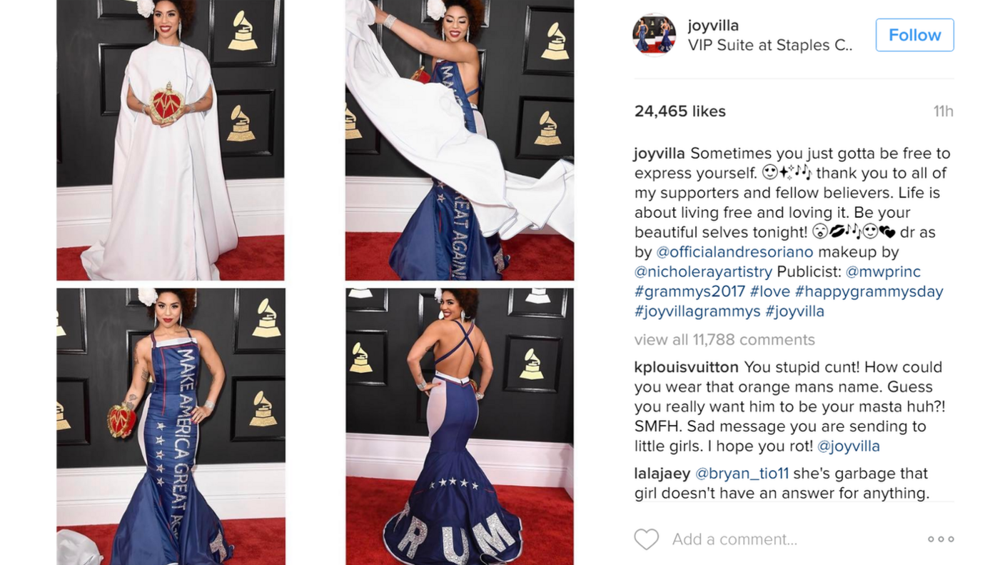 Instagram post by singer Joy Villa about her Grammys dress: "Sometimes you just gotta be free to express yourself."